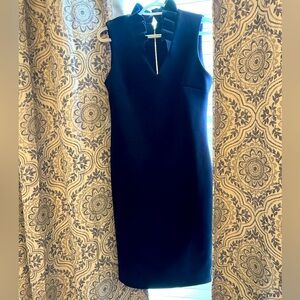 Elegant & feminine dress for work or special occasion. Navy, ruffled neckline-